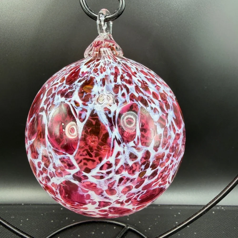 Hand Blown Glass Friendship Ball Ornament Pink‎ White Speckled Heart Stand VTG